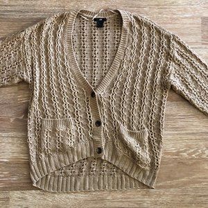 H&M Open Knit Crochet Button Front Tan Camel Brown Sweater Size Medium
